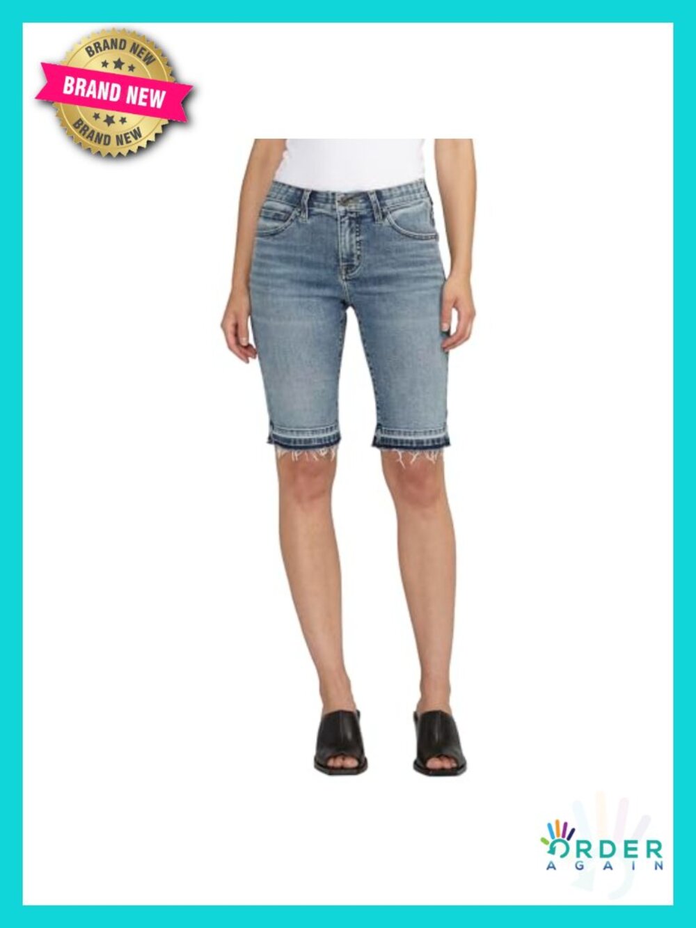 Denim Bermuda Shorts with Embroidery, Raw Hem, Mid Rise, 11" Inseam